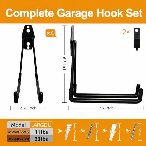 Garage Hooks 4 Pack 7.7inch Large Square Wall Hooks for Hanging Heavy Duty Ladders (Black / Large Square-4pcs)