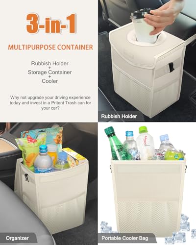 Car Trash Can with Lid Leakproof Car Garbage Bag Vehicle Trash Bin (2.8 Gallons / Beige)