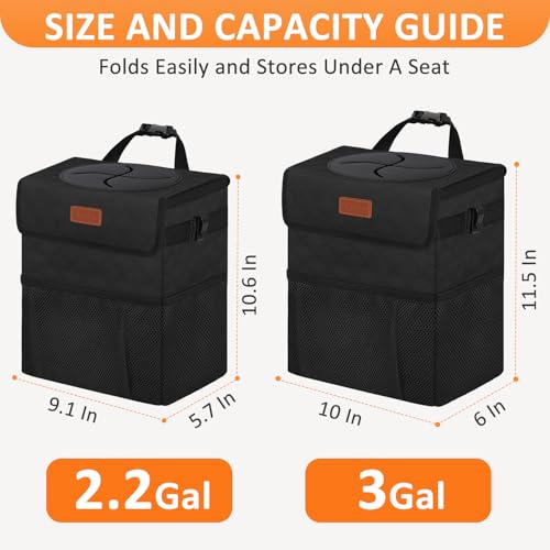 Car Trash Can with Lid Leak Proof Car Accessories for Women (2.2 Gallons / Quilted-Black)