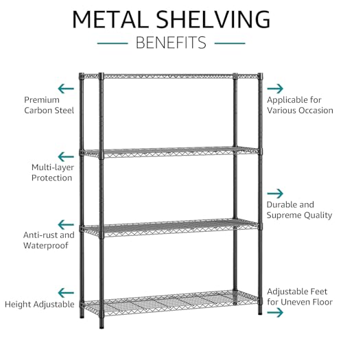 1400 LBS Garage Black Shelving Wide Storage Shelves 4 Tier Adjustable Heavy Duty Metal Wire Rack Standing Shelf Unit for Kitchen Office College Dorm Garage Warehouse 15.8" x 45.8"x 59.4" (4 Tier, 15.8" D x 45.8" W x 59.4" H / Black)