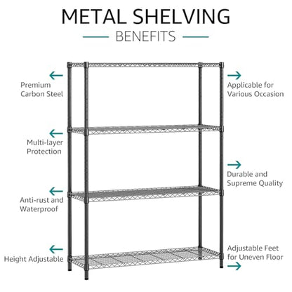 1400 LBS Garage Black Shelving Wide Storage Shelves 4 Tier Adjustable Heavy Duty Metal Wire Rack Standing Shelf Unit for Kitchen Office College Dorm Garage Warehouse 15.8" x 45.8"x 59.4" (4 Tier, 15.8" D x 45.8" W x 59.4" H / Black)