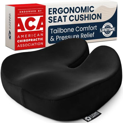 Seat Cushion Memory Foam Chair Cushion for Tailbone Pain Relief (Soft Black / XX-Large)