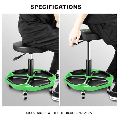 Adjustable Height Pneumatic Garage Seat Rolling Mechanic Stool with Tool Tray Storage (Green)