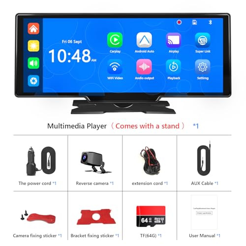 Portable Carplay Screen for Car (10.26" Carplay with 4K DVR & 1080p Rear Cam (64G))