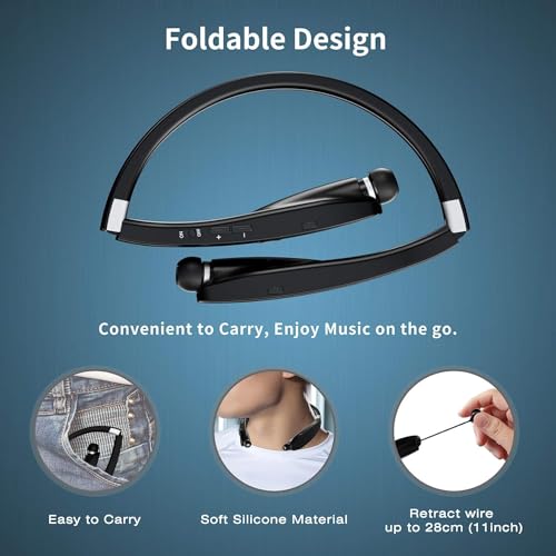 Foldable Bluetooth Headphones Wireless Neckband Headset with Retractable Earbuds (Black)