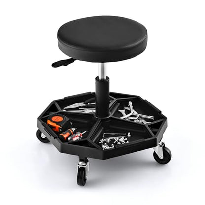 Rolling Mechanic Stool with Removable Tool Tray & Padded Cushion (Bottom Tool Tray / Black)