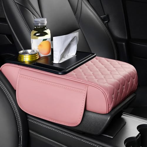 5-in-1 Center Console Cover Organizer Armrest Cover Cushion Pad with Cup Holder, Storage Pocket and Tissue Holder for Car, Grid, Rose-Tinted (Grid / rose-tinted)