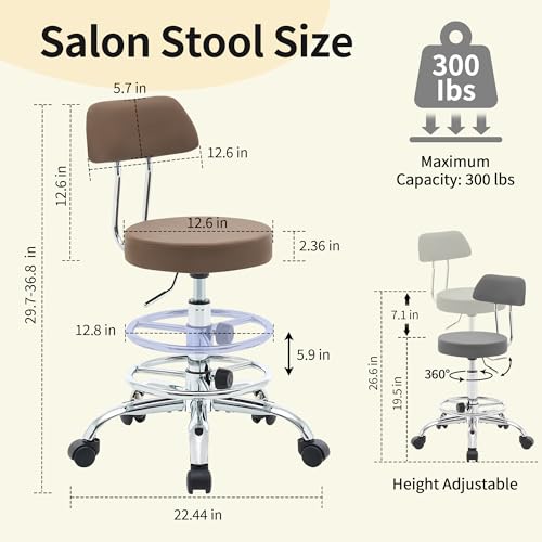 Salon Rolling Chair (Coffee Brown / With Back & Footrest)