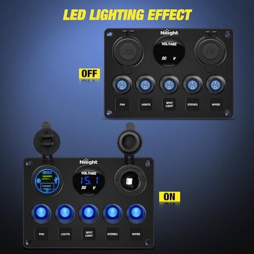 5 Gang Multi Function Switch Panel Waterproof Pre (Waterproof Type C + USB Blue)