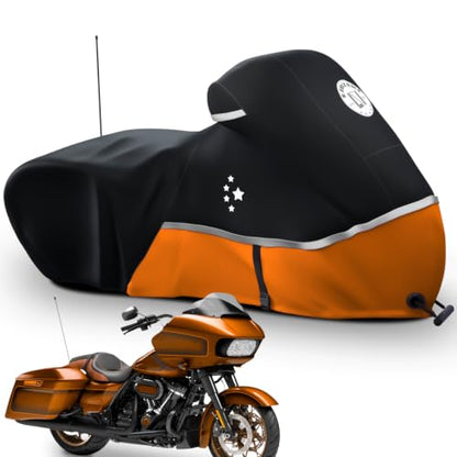 Motorcycle Cover 420D Heavy Duty Storage for Touring Models Harley Davidson Road King (Tangerine / 107" - Side Box)