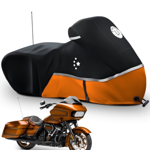 Motorcycle Cover 420D Heavy Duty Storage for Touring Models Harley Davidson Road King (Tangerine / 107" - Side Box)