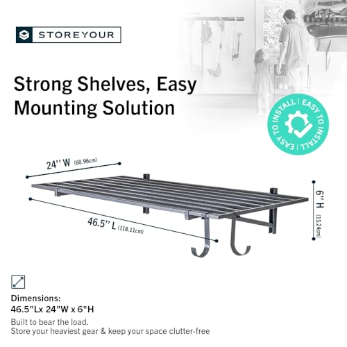 Garage Wall Shelf (Hammered Gray / 2x4ft 2-Pack Shelf | 200lb Each | 6 Hooks)