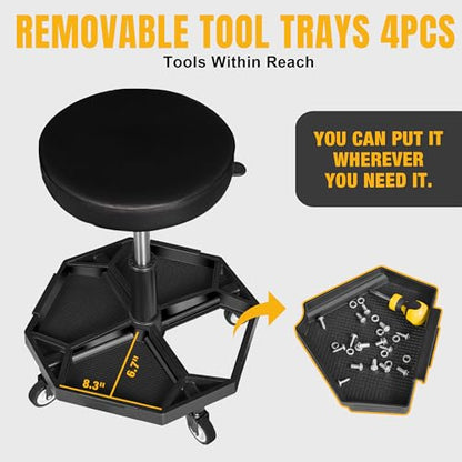 Rolling Garage Seat with Wheels Adjustable Height Pneumatic Mechanic Stool 300Lbs Heavy Duty Shop Creeper Seat with 4 Removable Storage Tool Tray Workshop Chair for Auto Repair (Black)