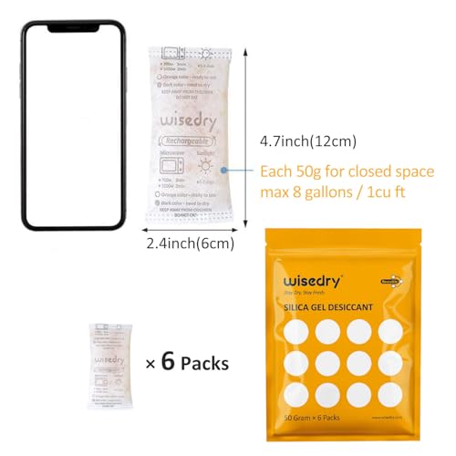 Rechargeable Silica Gel Sachets 50g [6 Packs] Food Grade Silica Gel Packets Orange to Green Indicating Desiccant Sachets Fast Reactivate Desiccant Bags for Food Medication Books (50 Grams)