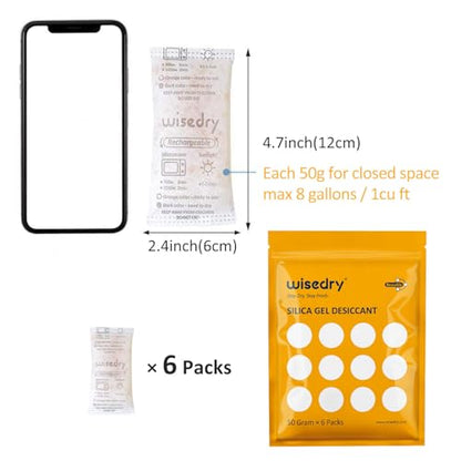 Rechargeable Silica Gel Sachets 50g [6 Packs] Food Grade Silica Gel Packets Orange to Green Indicating Desiccant Sachets Fast Reactivate Desiccant Bags for Food Medication Books (50 Grams)