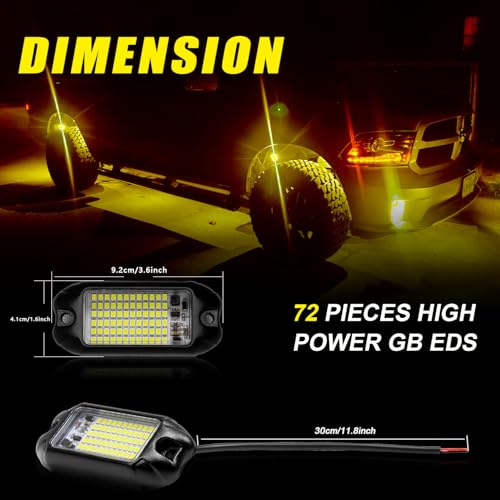 4Pods Pure Yellow 72 LEDs SMD Chips 72w High Power Rock Lights Super Bright Yellow Offroad Car Boat Underglow Lights IP68 Waterproof for Truck SUV UTV ATV RZR (Pure yellow rock lights - 4 pack)