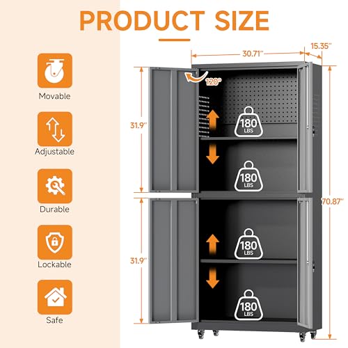 71" H Metal Tool Storage Cabinet with Lock and Wheels (Black&gray / 71"H(4-Door))