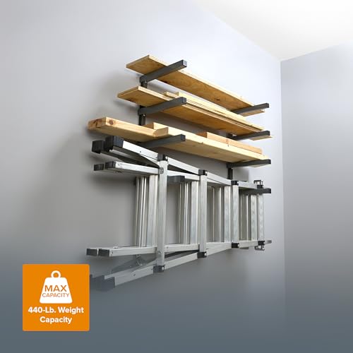 4 Level Lumber Storage Rack Wall Mount Wood Rack For Garage Organizer (Black and Gray / 4-Level)