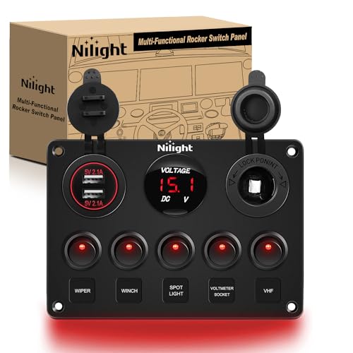 5 Gang Multi Function Rocker Switch Panel On Off SPST Toggle (Red)