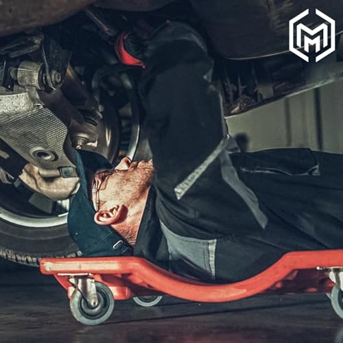 Plastic Rolling Garage Creeper with Padded Headrest 36" Light Weight Automotive Creeper Mechanic Cart with Dual Tool Trays and Noiseless Casters (Red / 36")