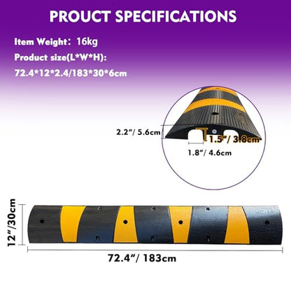 Rubber Speed Bump 6 Feet Rubber Driveway Modular Heavy Duty Speed 72.4 x 12 x 2.4 Inch Cable Protector Ramp for Garage Gravel Roads Asphalt Concrete (2 pack 6ft speed bump)