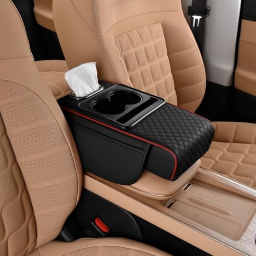 Center Console Cover Booster Multifunctional Center Console Cushion Pad with Cup Holder & Tissue Box & Side Pockets Arm Rest Cover for Car (Embossed / Black&red)