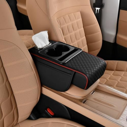 Center Console Cover Booster Multifunctional Center Console Cushion Pad with Cup Holder & Tissue Box & Side Pockets Arm Rest Cover for Car (Embossed / Black&red)