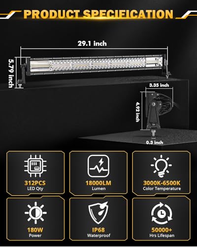 LED Light Bar 30 Inch 180W 6 Modes Amber White Offroad Strobe Light (Amber White 30")