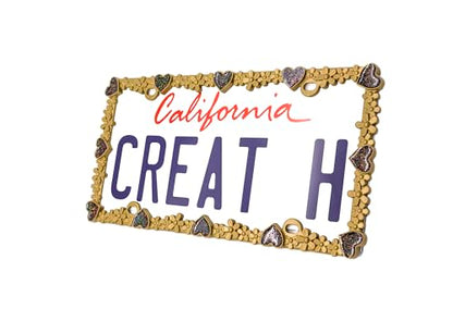 3D Shining Daisy Heart License Plate Frame from Pure Zinc Alloy Metal Perfect Plate Holder (Matt Gold with Black Glitter, Luminously Heart)