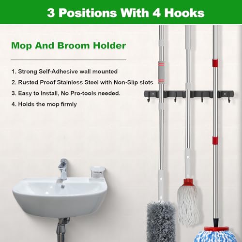 3 Racks and 4 Hooks Mop and Broom Holder Wall Mount (3 Racks 4 Hooks / Black)