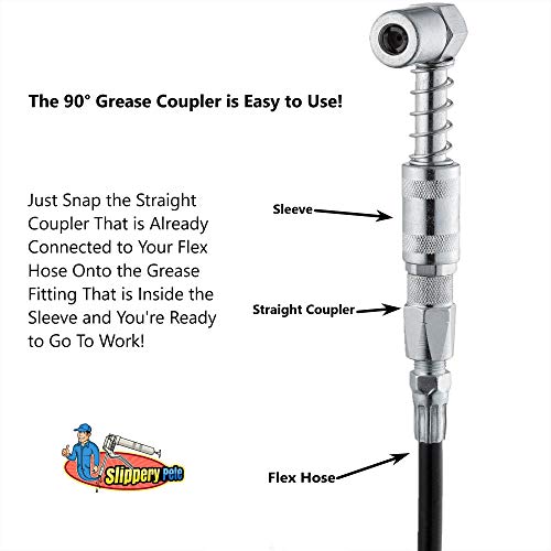 90 Degree Grease Coupler Snaps on to Grease Fittings in Tight Spaces (Standard Zerk Inlet)