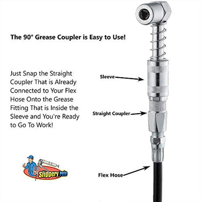 90 Degree Grease Coupler Snaps on to Grease Fittings in Tight Spaces (Standard Zerk Inlet)