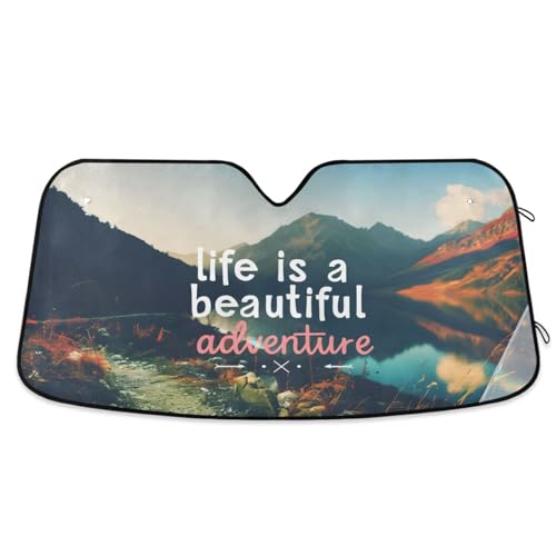 Car Windshield Sun Shade Quote Life is A Beautiful Adventure Foldable Car Front Windshield Sunshade Blocks UV Rays Sun Visor Sun Heat Protection for Car Truck SUV to Keep Your Vehicle Cool (Small / Retro Mountain Sea)