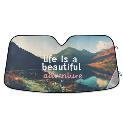 Car Windshield Sun Shade Quote Life is A Beautiful Adventure Foldable Car Front Windshield Sunshade Blocks UV Rays Sun Visor Sun Heat Protection for Car Truck SUV to Keep Your Vehicle Cool (Small / Retro Mountain Sea)