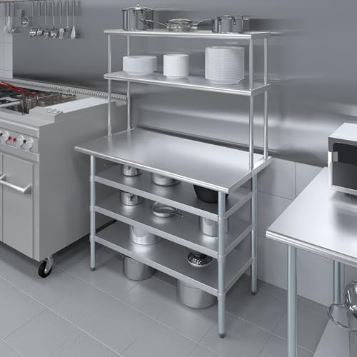 24" x 48" Stainless Steel Work Table with 3 Shelves and 12" Wide Double Tier Overshelf (24" x 48" Table with 3 Shelves + 12" Overshelf)