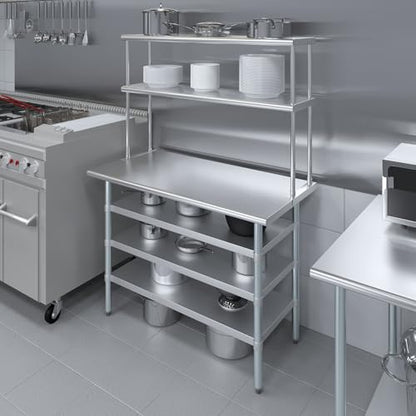 24" x 48" Stainless Steel Work Table with 3 Shelves and 12" Wide Double Tier Overshelf (24" x 48" Table with 3 Shelves + 12" Overshelf)