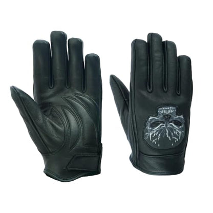 Daniel Smart Men's Motorcycle Leather Gloves with Reflective Skull Short Glove & Touch Screen Fingertips (SHORT GLOVE / X-Small)