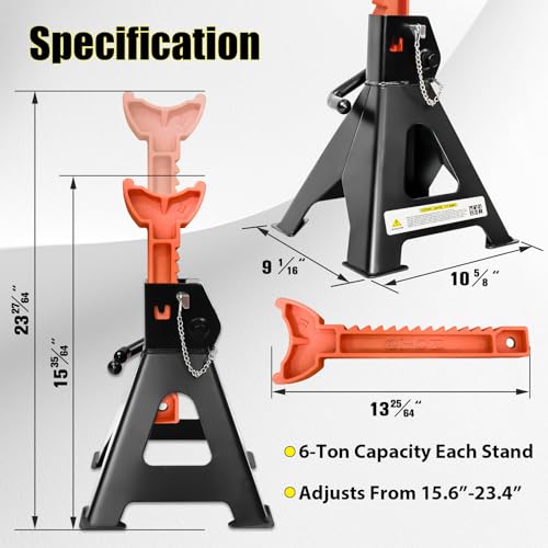 Jack Stands 6 Ton (6 Ton Double Pin Locking with Rubber Pads / Black+Orange)
