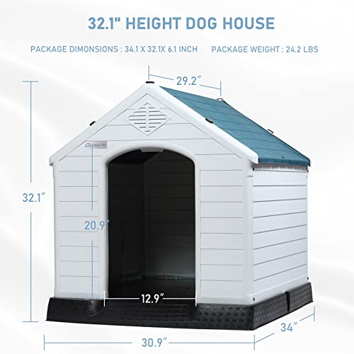 Durable Waterproof Plastic Dog House for Small to Large Sized Dogs (Blue / 34"L x 31"W x 32"H)