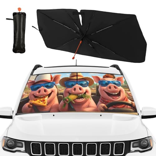 Funny Pig Car Windshield Sun Shade Umbrella Bendable Handle Foldable Animal Sunshade for Car Windshield Block UV Rays Keep Vehicle Cool for Most Sedans SUV Trucks Cars 57"x30" (147*75cm,33*11cm / Funny Pig)