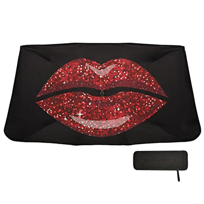 Woman Red Lips Glitter Windshield Sun Shade Umbrella Foldable Car Front Window Sunshade Blocks UV Rays Heat Keep Vehicle Cool (multi 29)