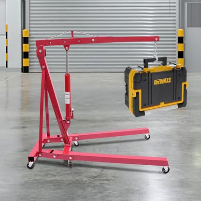 Folding Engine Hoist 2 Ton Engine Crane Lift with 6 Caster Wheels 4400LBS Steel Hydraulic Engine Crane 4 Adjustable Positions for Car Fixing Workshops Garages Warehouse (Red 1T)