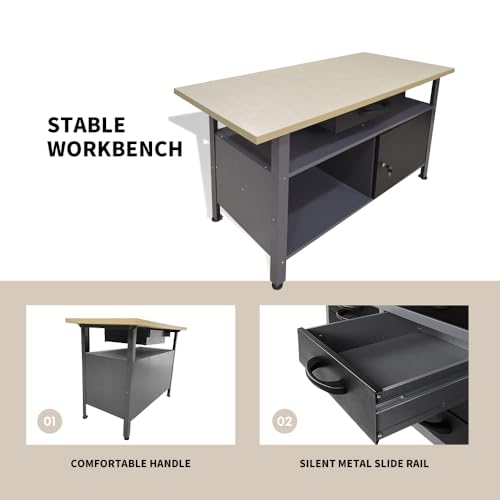 Garage Tool Storage Cabinet Workbench Desk with Wood Top Wall Pegboards
