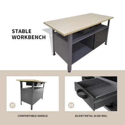 Garage Tool Storage Cabinet Workbench Desk with Wood Top Wall Pegboards