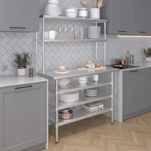 24" x 48" Stainless Steel Work Table with 3 Shelves and 12" Wide Double Tier Overshelf (24" x 48" Table with 3 Shelves + 12" Overshelf)