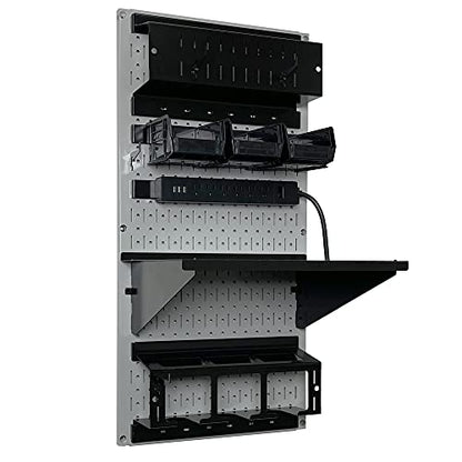 Power Tool Storage Organizer Kit Cordless Drill Holder Charging Station Rack 16” x 32” Metal Pegboard Organization System (Grey Pegboard)