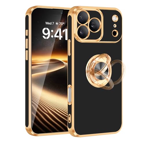 for iPhone 17 Pro Case 360° Rotatable Ring Holder Kickstand Shiny (For iPhone 17 Pro(6.3 inch,2025) / A-Black)