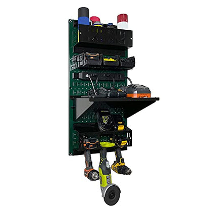 Power Tool Storage Organizer Kit Cordless Drill Holder Charging Station Rack 16” x 32” Metal Pegboard Organization System (Green Pegboard)