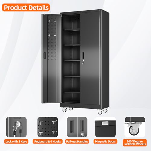 71" Metal Garage Storage Cabinet with Wheels (Black / 16"D x 32"W x 71"H)