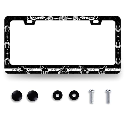 Horse License Plate Frame Stainless Steel Horseshoe License Plate Holder (Retro Black White Horseshoe Horse)